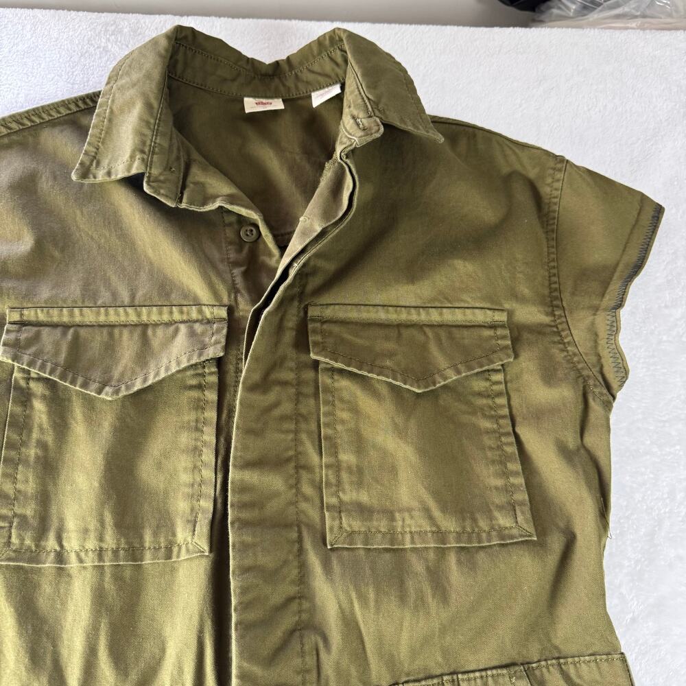 Levi’s Army Green Utility Jumpsuit XS Cotton Cargo Coverall Romper Cap Sleeve - Picture 3 of 14